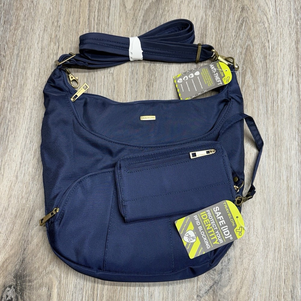 Travelon Anti-Theft Shoulder Bag Blue RFID Blocking Multiple Pockets w/Wristlet